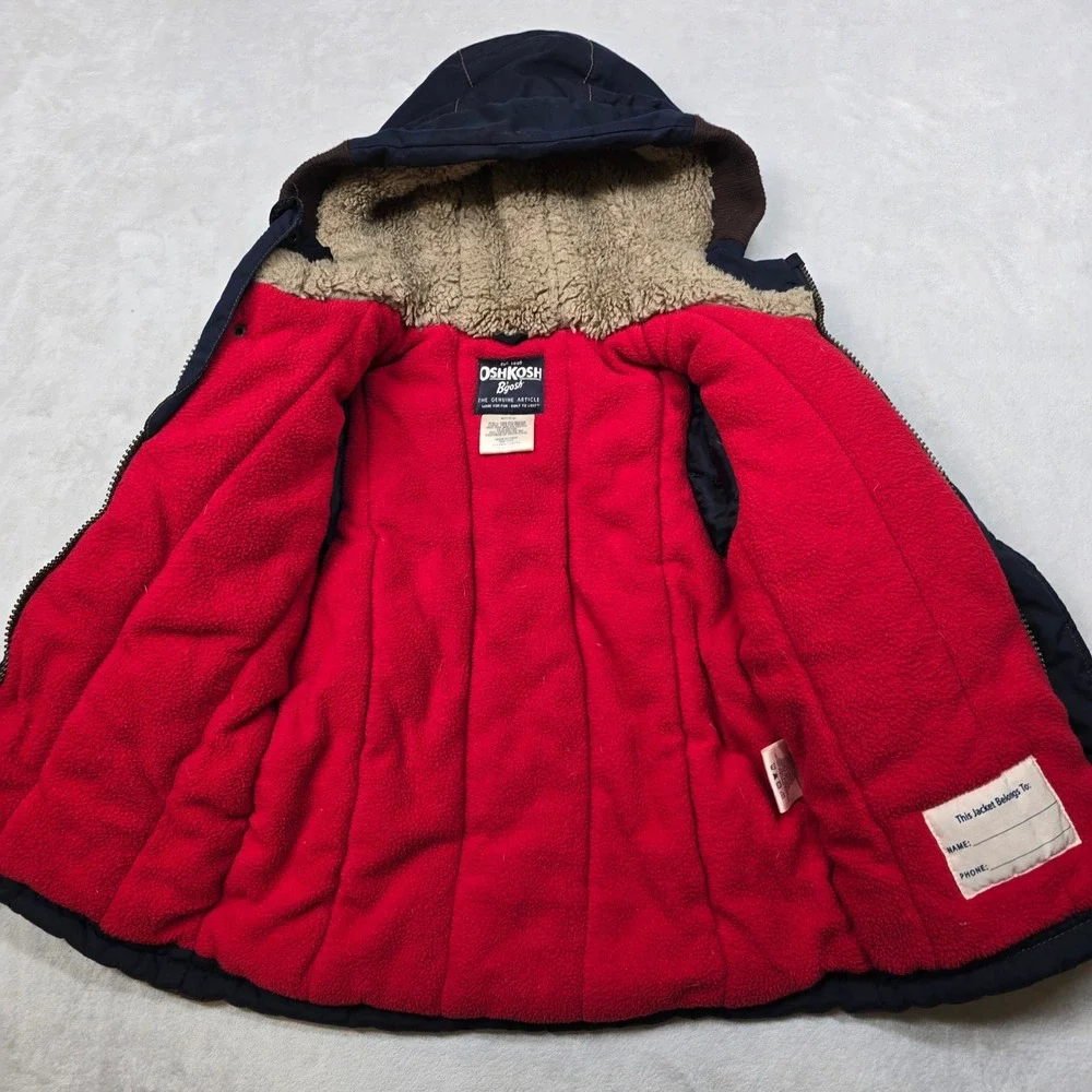 OshKosh B'gosh Sherpa Lined‎ Hooded Winter Jacket Boys Size 4 Navy Blue Patches
